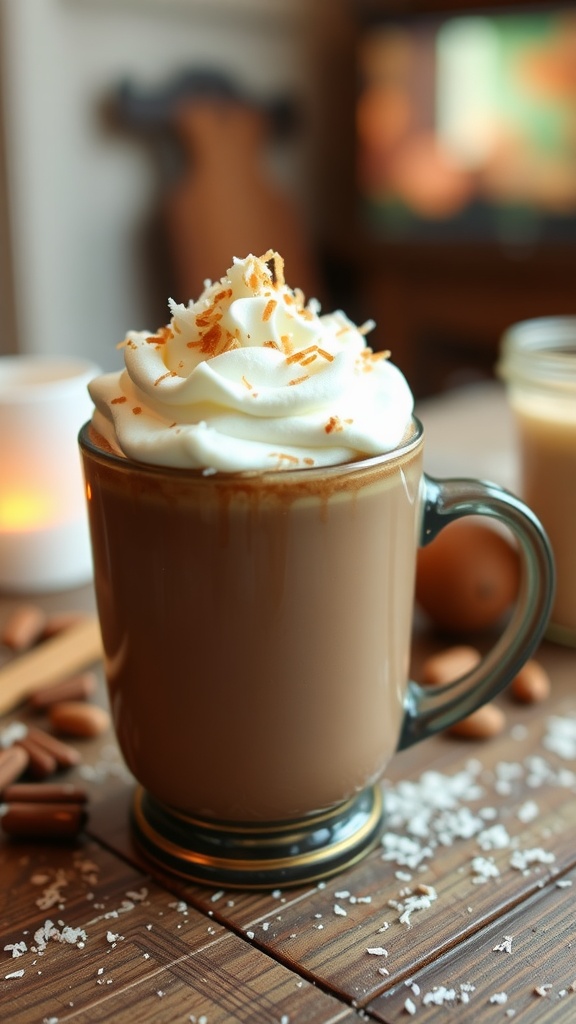 Decadent coconut cream hot chocolate in a mug, topped with whipped coconut cream and shredded coconut, set on a rustic wooden table.